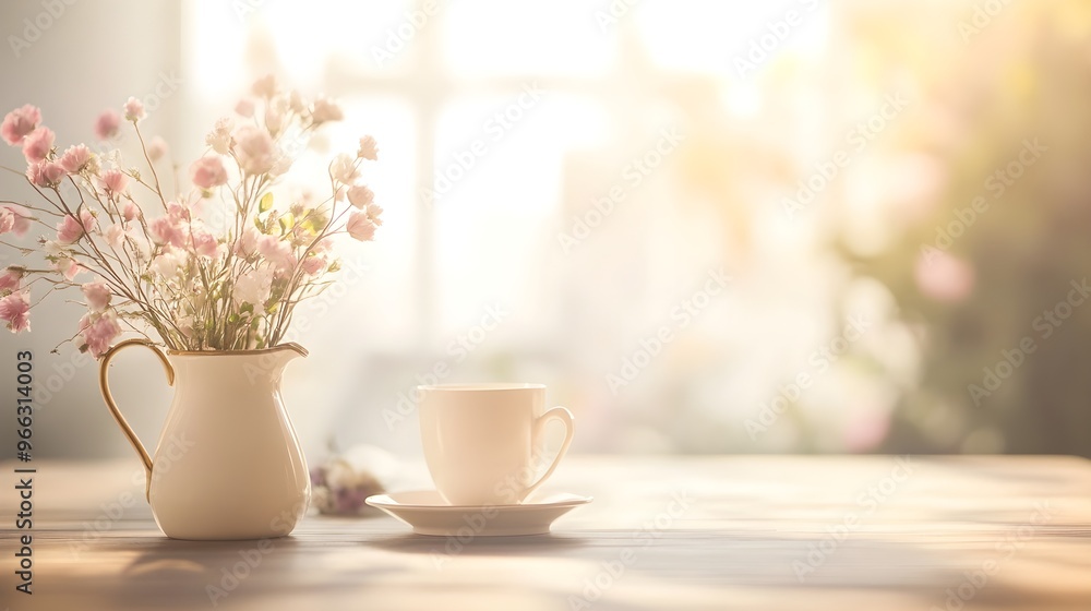 Obraz premium A softly blurred table background with a light pastel color palette, creating a serene atmosphere for product placement,No blurriness
