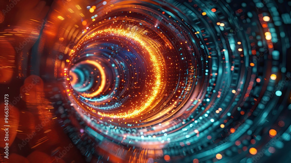 A spiral of light and color with a bright orange center A spiral of light and color with a bright orange center