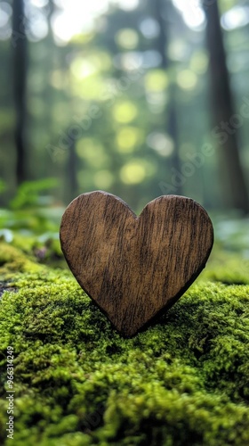 Wooden heart on moss in a forest, natural serenity and love concept