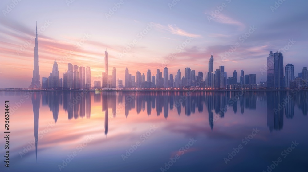 Fototapeta premium Stunning skyline reflection at dawn, showcasing modern buildings and a vibrant sky over calm waters.