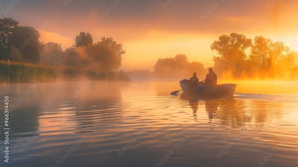 Tranquil Sunrise on the Water: Fishermen Rowing Gently Through Misty Morning Light Tranquil Sunrise on the Water: Fishermen Rowing Gently Through Misty Morning Light
