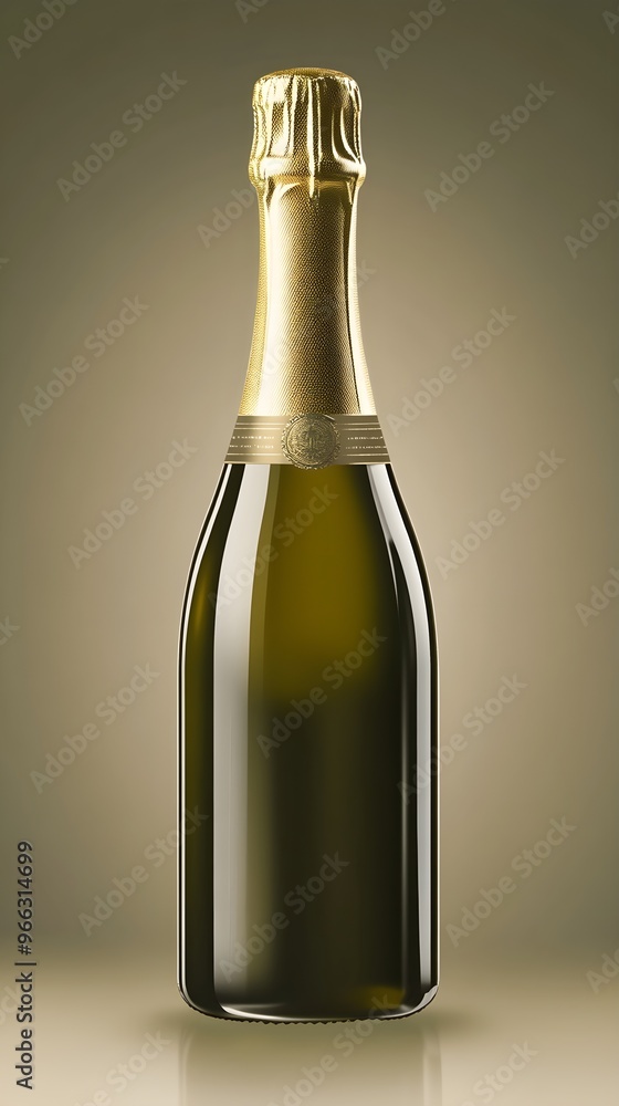A single champagne bottle with a golden label, standing tall against a muted color backdrop,No blurriness A single champagne bottle with a golden label, standing tall against a muted color backdrop,No blurriness