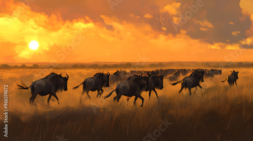 Majestic Herd Wildebeest Migrate Across Serene Plains photo