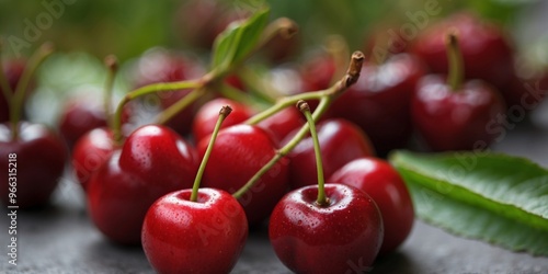 cherries fruit red fresh ripe food healthy natural ingredient sweet organic raw snack juicy bunch stem agriculture vegetarian. photo