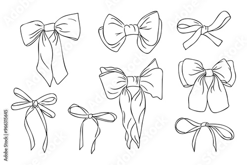 Playful outline doodle set with bows for hair and clothes. Monochrome beauty contour stickers for elegance woman and girls. Vector clipart of sketchy drawings isolated on white background