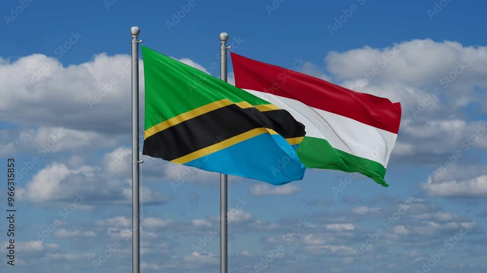 Hungary and Tanzania flags flying together, video concept of the relationship, two country relations concept Hungary and Tanzania flags flying together, video concept of the relationship, two country relations concept