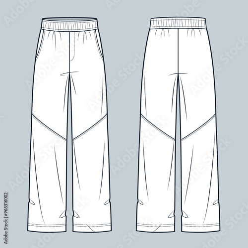 Jogger Pants fashion flat technical drawing template. Wide Leg Pants technical fashion illustration, elastic waistband, pockets, front and back view, white, women, men, unisex CAD mockup.