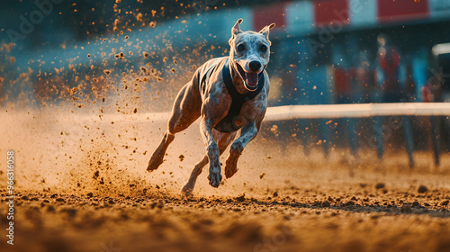 Greyhound Racing on Track in High Speed Action photo