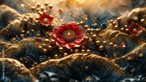 red flowers, golden details, abstract background, illustration, wallpaper