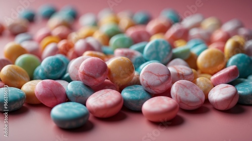 Colorful marble effect candies on pink surface.