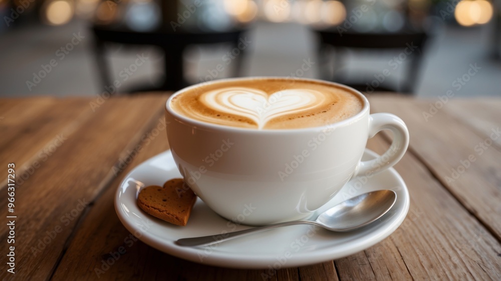 Cozy Latte Art Heart in a Creamy Cappuccino Served in a White Cup with Saucer on Wooden Table. Cozy Latte Art Heart in a Creamy Cappuccino Served in a White Cup with Saucer on Wooden Table.