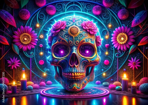 Vibrant neon lights cast an eerie glow on a sugar skull's intricate details, surrounded by swirling patterns and