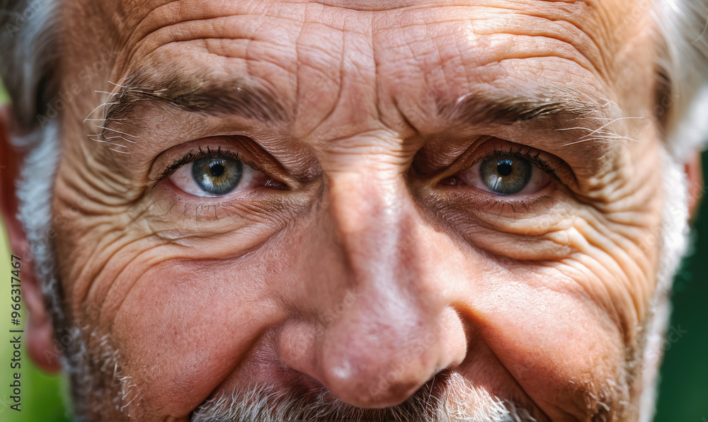 A close-up of an older man's face, showing his wrinkles and blue eyes A close-up of an older man's face, showing his wrinkles and blue eyes