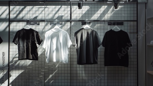 Stylish T-shirts Displayed in Minimalist Fashion Store with Soft Shadows and Clean Lines photo