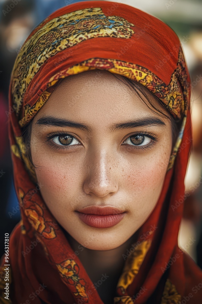 a woman wearing a red headscarf and a red scarf a woman wearing a red headscarf and a red scarf