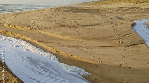 Abwasser mit weißem Schaum sprudelt aus großem Abwasserrohr am Strand in den Sand und fließt direkt ins Meer, Umweltschutz, Umweltverschmutzung, Abwasser, Gesundheit, Industrieabwasser
 photo