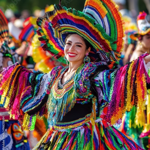 a woman in a colorful costume dancing in a parade
