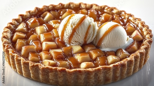 Warm apple tart sits invitingly beside two scoops of vanilla ice cream photo