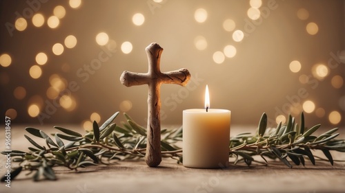 religious beige background with cross and olive twigs. photo