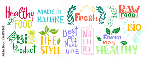 Organic fresh healthy food labels, bio eco friendly natural meal logo, vegan products badge isolated set decorated with green plant leaves vector illustration.