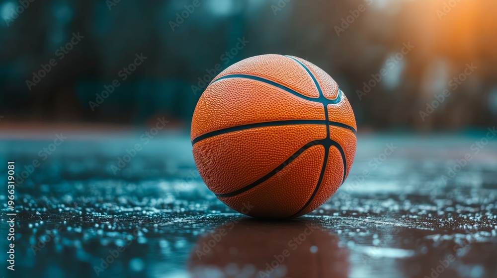 A vibrant basketball rests on a wet surface, reflecting the soft light of a morning or evening glow. A vibrant basketball rests on a wet surface, reflecting the soft light of a morning or evening glow.