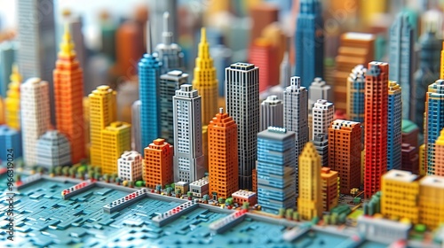 city skyline, model city, skyscrapers and apartment buildings, roads and city life, colorful background, wallpaper