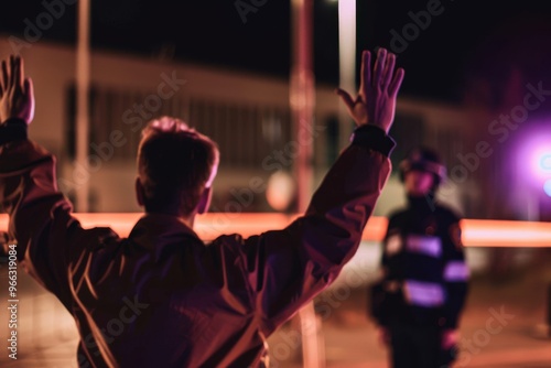 Man surrendering to police at night A man with his hands raised, surrendering to police at night. His back is to the camera. A policewoman is standing in the background facing the suspect.