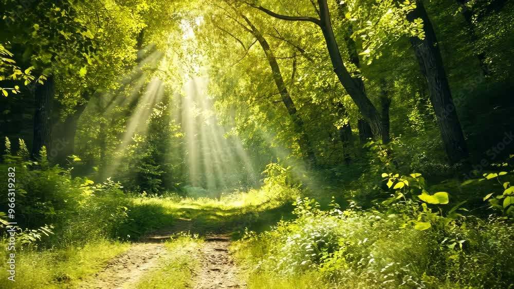 Exploring the serene forest path illuminated by sunlight beams in a peaceful woodland setting Exploring the serene forest path illuminated by sunlight beams in a peaceful woodland setting