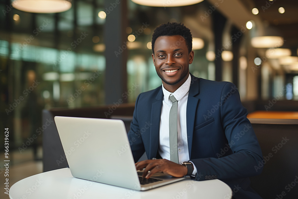 Happy successful African young businessman working on a laptop, black entrepreneur sitting in a cafe Happy successful African young businessman working on a laptop, black entrepreneur sitting in a cafe