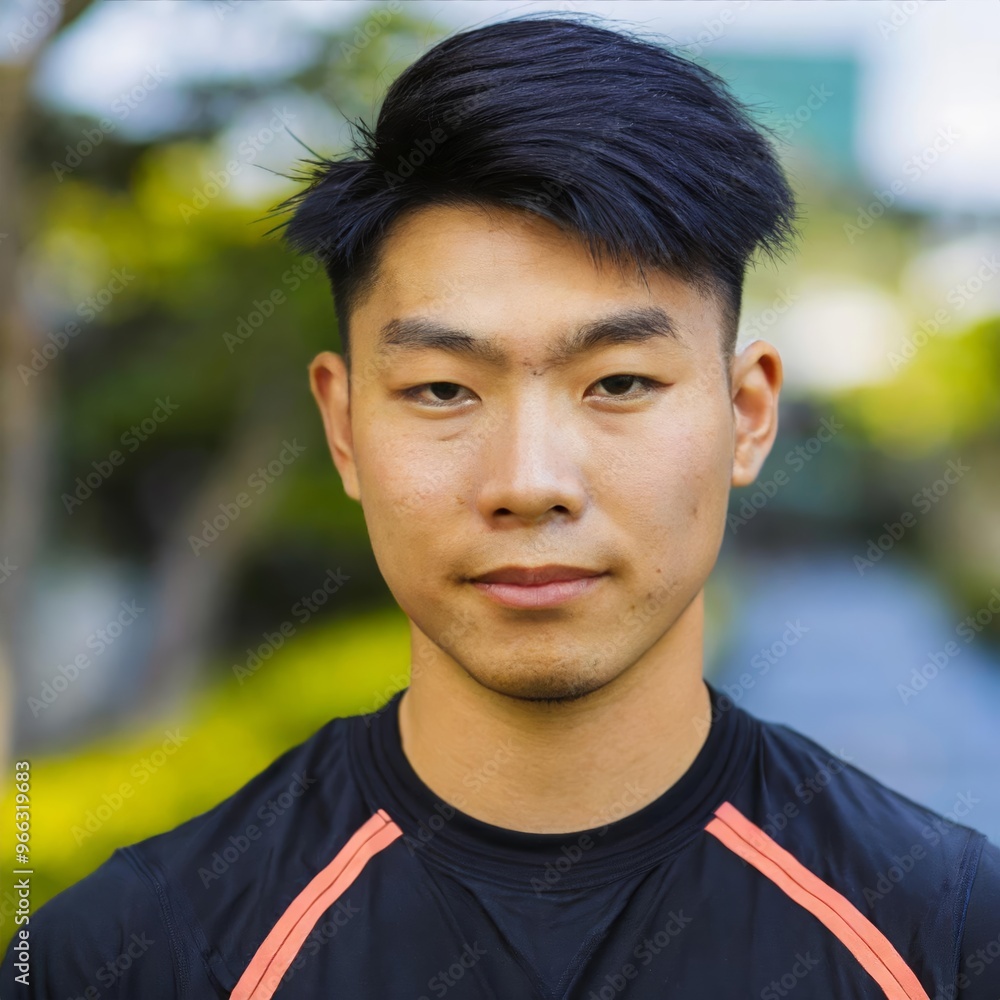 Young man with short dark hair wearing a sports shirt, standing in a sunny park. trees and pathway in the background. determined expression, eyes looking forward, mid-frame shot. Young man with short dark hair wearing a sports shirt, standing in a sunny park. trees and pathway in the background. determined expression, eyes looking forward, mid-frame shot.