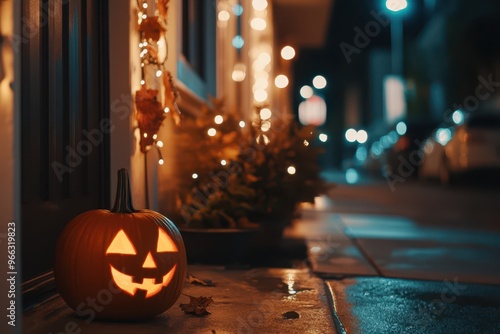 a halloween pumpkin sitting on the sidewalk at night photo