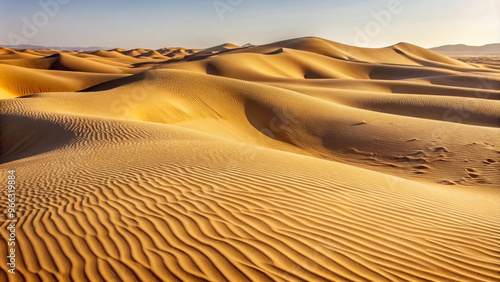 Stunning desert landscape with gently rolling sand dunes and intricate wind patterns illuminated by sunlight
