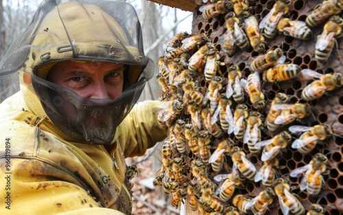 An intently focused beekeeper observes the busy life of bees on a honeycomb. The bees' activity indicates the health and productivity of the hive. photo