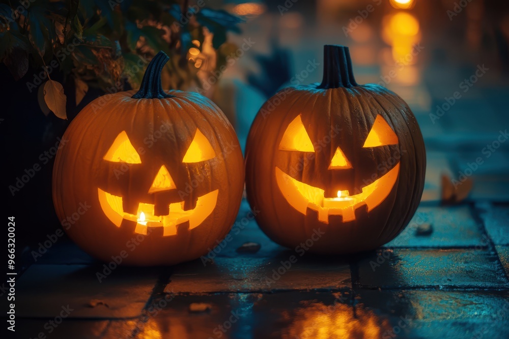 two pumpkins with faces on them are lit up two pumpkins with faces on them are lit up