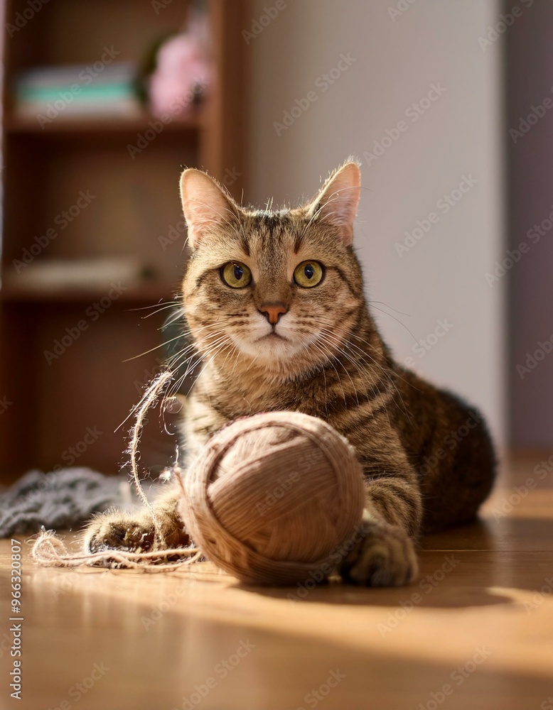 Primer plano de un gato atigrado jugando con una bola de lana; mascotas Primer plano de un gato atigrado jugando con una bola de lana; mascotas