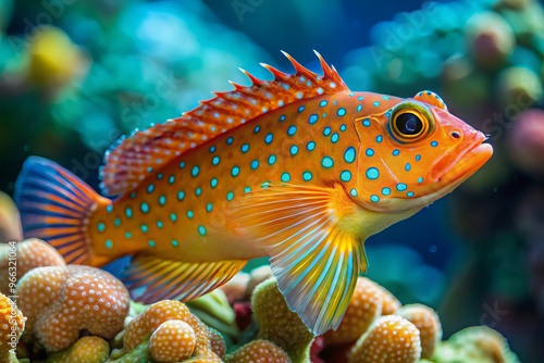 Vibrant orange-spotted blenny fish with distinctive markings and bright orange dorsal fin swims near coral reef in photo