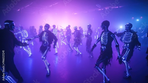 Wallpaper Mural A lively dance scene featuring glowing skeleton figures in a colorful, illuminated environment. Torontodigital.ca