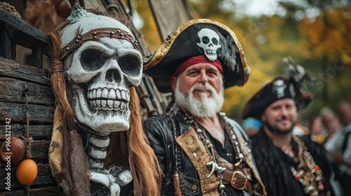 Two men dressed as pirates pose beside a decorative skull in a festive outdoor setting. photo