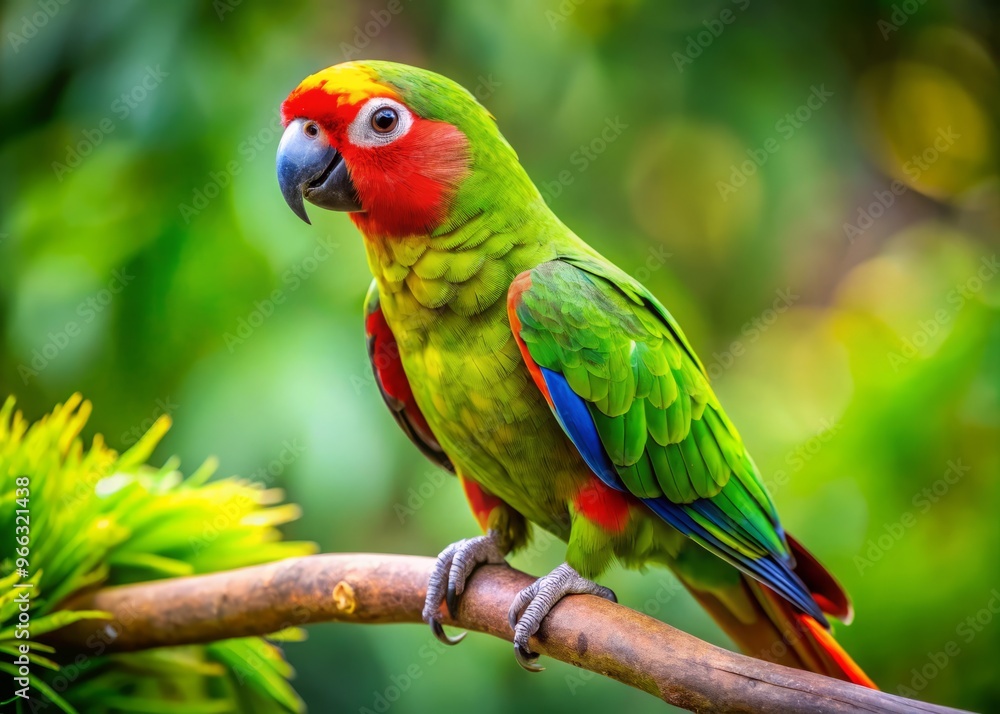 Vibrant parrot green bird with bright plumage, curved beak, and energetic eyes perches on a branch, showcasing its Vibrant parrot green bird with bright plumage, curved beak, and energetic eyes perches on a branch, showcasing its
