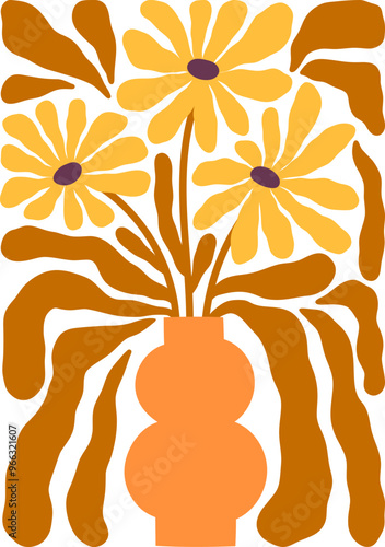 Autumn florals vector illustration. Fall flowers in vase composition. Botanical print in matisse style