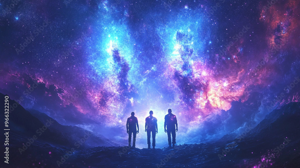 Fototapeta premium Un trio di Semi stellari arturiani, immersi nella luce eterea della Via Lattea, rappresentano i guardiani della conoscenza e della guarigione galattica.
