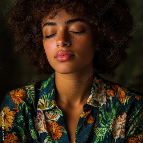 a woman with an afro hair style and floral shirt photo