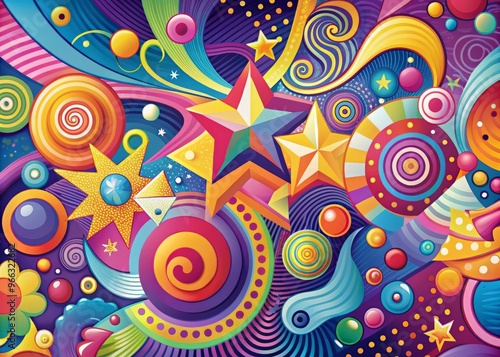 Vibrant, psychedelic swirls of colorful shapes and abstract geometrics create a mesmerizing, far-out background that's