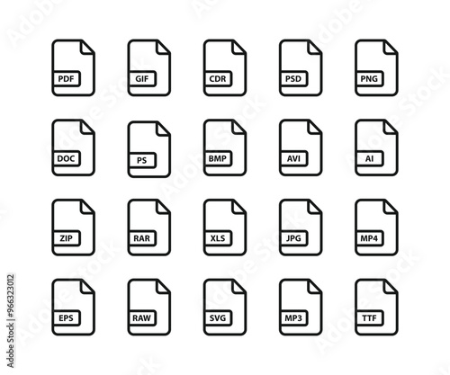 File format icon set. File type icon set. Format and extension of documents. Document format file icon, vector illustration