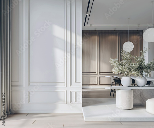 Aesthetic elegant modern iinterior design with classic elements. Clear mock up empty wall for decoration in the apartment. Copy space in the room with moldings. Neutral palette of natural colors photo