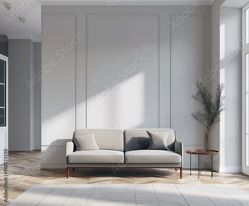 Aesthetic elegant modern iinterior design with classic elements. Clear mock up empty wall for decoration in the apartment. Copy space in the room with moldings. Neutral palette of natural colors photo