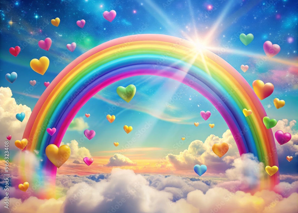 Vibrant rainbow arcs soar across a sky filled with floating hearts in pastel hues, symbolizing love, hope, and Vibrant rainbow arcs soar across a sky filled with floating hearts in pastel hues, symbolizing love, hope, and