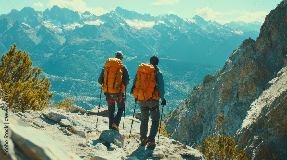 two people with backpacks are walking up a mountain two people with backpacks are walking up a mountain