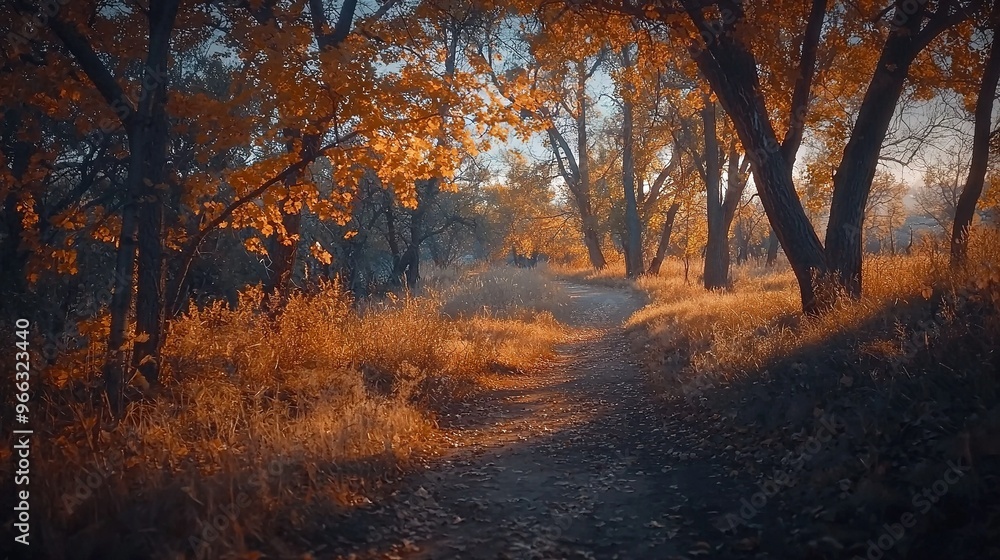 Fototapeta premium A dirt path surrounded by trees with yellow leaves and grass on either side in a forest setting
