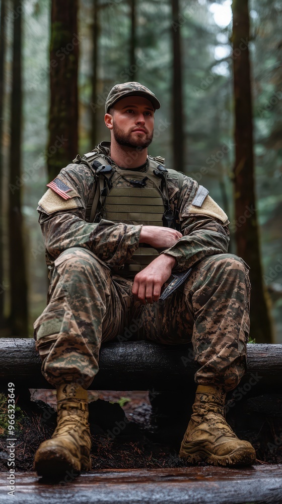 Fototapeta premium a man in camouflage is sitting on a bench in the woods